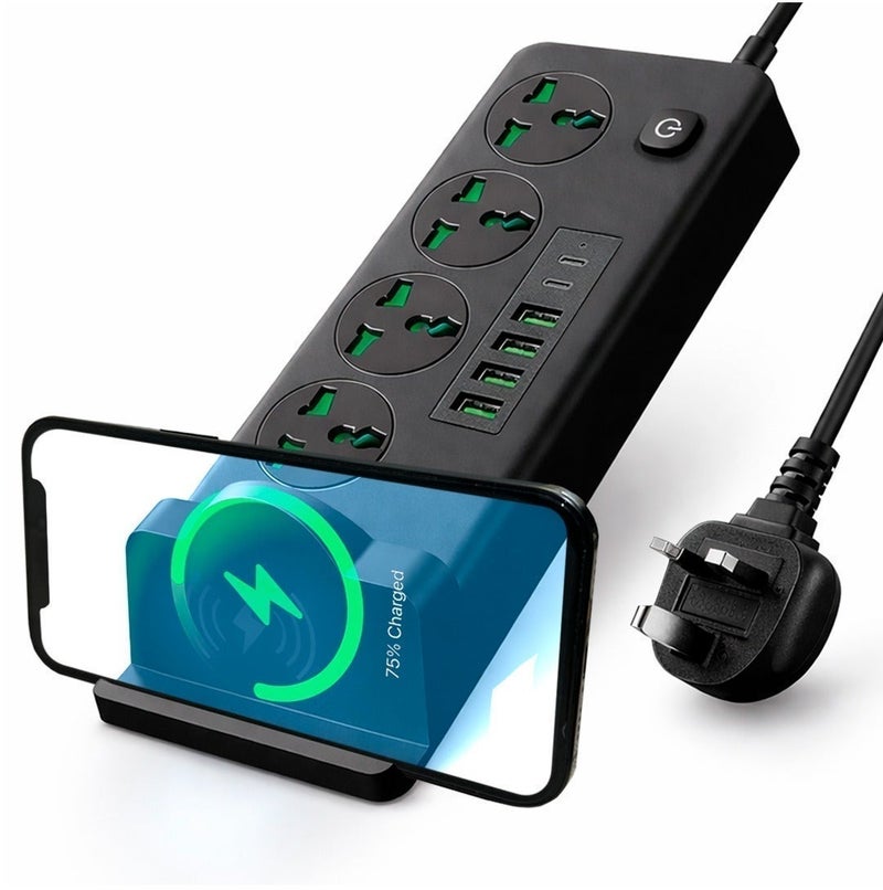 AMROAH موزع طاقة عالمي مع 4 مآخذ تيار متردد، 4*USB-A و 2*USB-C، قاعدة شحن لاسلكية سريعة PD، واقي من زيادة التيار، سلك تمديد مع حماية من الحمل الزائد، محطة شحن متعددة الأجهزة للاستخدام المنزلي والمكتبي - Image 1